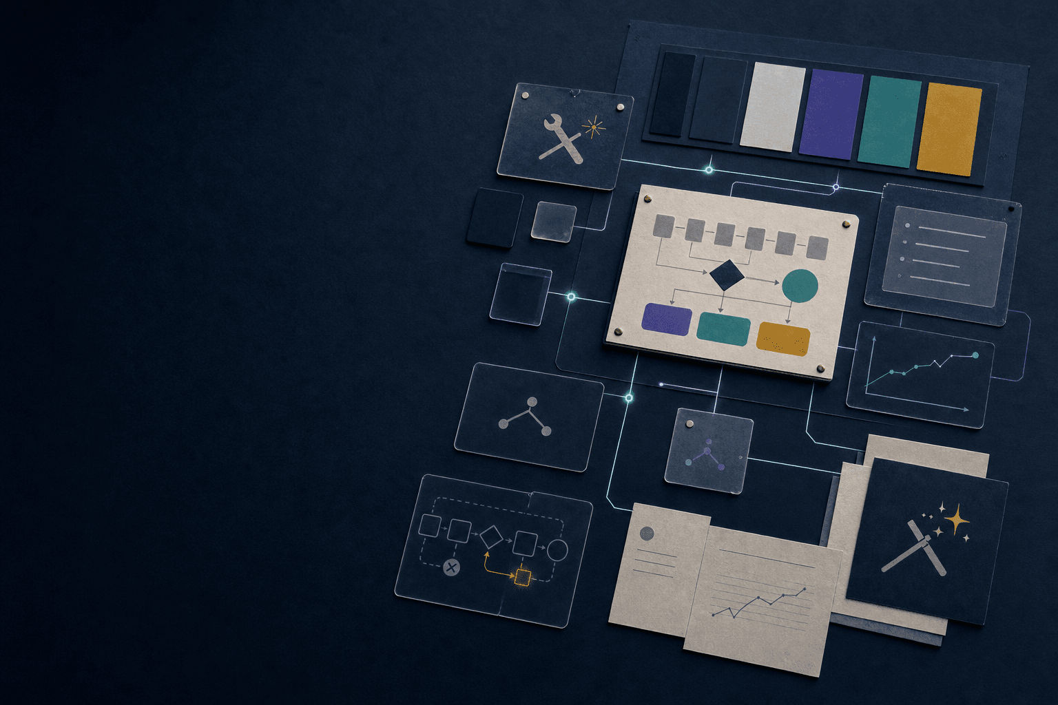 A tactile diagnostic board showing a connected AI workflow and a highlighted repair path